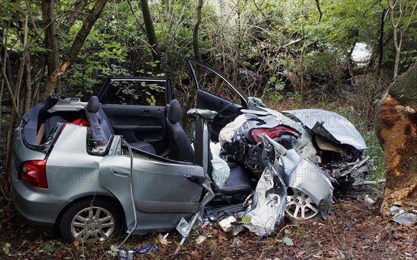 TRANSPORT, Road, Cars, Honda Civic which has had its roof cut off to remove passengers involved in road traffic accident.