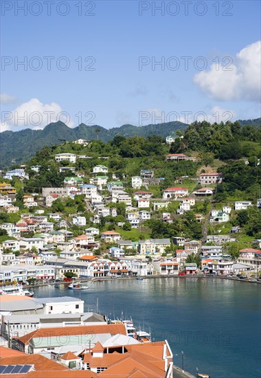 WEST INDIES, Grenada, St George, The Carenage harbour of the capital city of St George's surrounded by hills lined with houses and other buildings