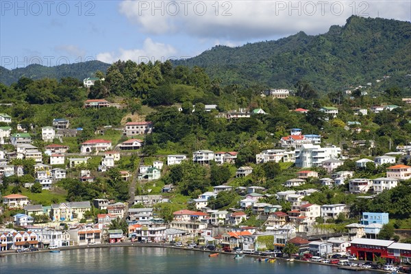 WEST INDIES, Grenada, St George, The Carenage harbour of the capital city of St George's surrounded by hills lined with houses and other buildings