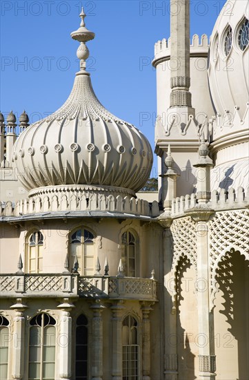 ENGLAND, East Sussex, Brighton, The onion shaped domes of the 19th Century Pavilion designed in the Indo- Saracenic style by John Nash commissioned by George Prince of Wales later to become King George IV.