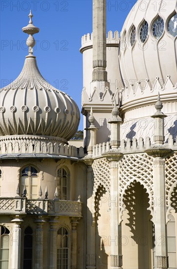 ENGLAND, East Sussex, Brighton, The onion shaped domes of the 19th Century Pavilion designed in the Indo- Saracenic style by John Nash commissioned by George Prince of Wales later to become King George IV.