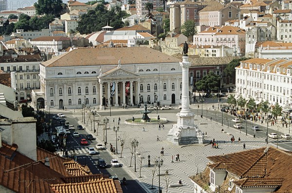 PORTUGAL, Estremadura, Lisbon, "Dom Pedro IV statue, Teatro Nacional De Dona Maria II, Rossio Square, from Elevator Santa Justa."