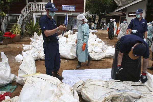 THAILAND, Phang Nga District, "Takua PA,", "Tsunami. Australian forensic team. Volunteers try to cool off victims of Tsunami with dry ice blocks in the outdoor morgue where 100's of corpses are being stored without refridgeration , awaiting DNA identification. At a temple wat Yan Yao. 130kms north of Phuket on the 31st Dec."