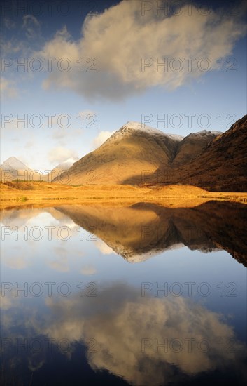 Scotland, Argyll, Glen Etive, Mountains & water views along Glen Etive