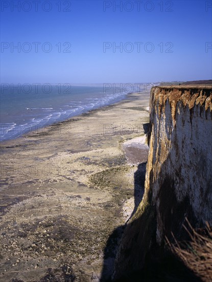 FRANCE, Picardie, Mers les Bains, View north east over chalk cliffs of the channel coast near Mers les Bains.