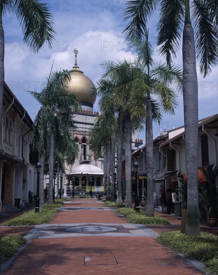 SINGAPORE, Kampong Glam , Sultan Mosque, Road lined with palm trees leading to the Sultan Mosque with large gold dome. North Bridge Road.