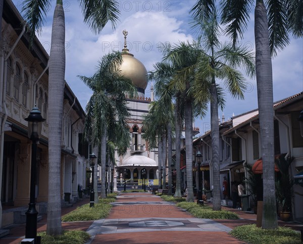 SINGAPORE, Kampong Glam , Sultan Mosque, Road lined with palm trees leading to the Sultan Mosque with large gold dome. North Bridge Road.