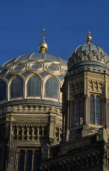 GERMANY, Berlin, "Neue Synagogue. Part view of exterior facade and domes of building restored in the mid 1980s.   Original building was built 1859-66, damaged by allied bombing and finally demolished by the communist East Germans in the 1950s."