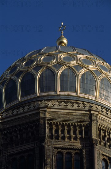 GERMANY, Berlin, "Neue Synagogue.  Part view of exterior facade and dome of building restored in the mid 1980s.   Original building was built 1859-66, damaged by allied bombing and finally demolished by the communist East Germans in the 1950s."
