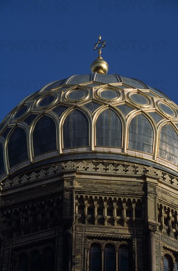 GERMANY, Berlin, "Neue Synagogue. Part view of exterior facade and dome of building restored in the mid 1980s. Original building was built 1859-66, damaged by allied bombing and finally demolished by the communist East Germans in the 1950s."