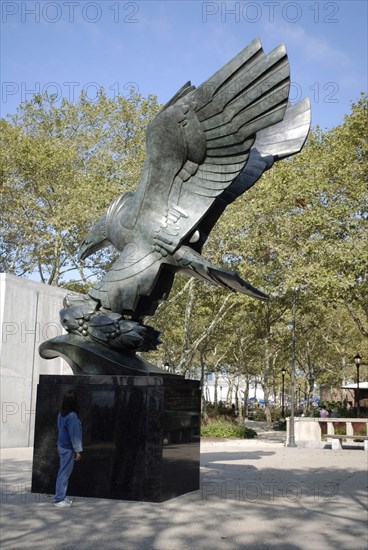 USA, New York, Manhattan, "Battery Park, East Coast Memorial, Eagle Statue commerating the 4601 US Servicemen who lost lives in the Atlantic Ocean during World War II. Alino Manca."