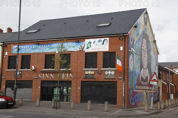IRELAND, North, Belfast, "Falls Road, Mural of Bobby Sands on the gable end of the Sinn Fein headquarters on the corner of Sevastapol Street."