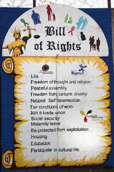 IRELAND, North, Belfast, "West, Falls Road, Political murals painted on walls of the Lower Falls Road area listing the Bill of Rights."