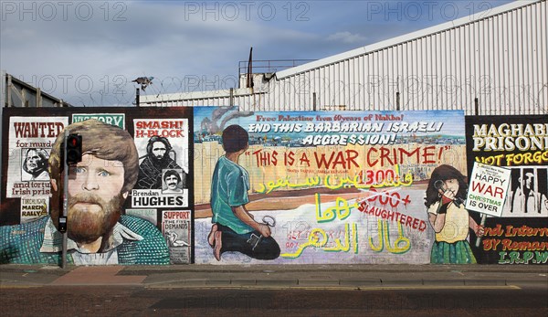 IRELAND, North, Belfast, "West, Falls Road, Political murals painted on walls of the Lower Falls Road area with anti Irsaeli agression message."