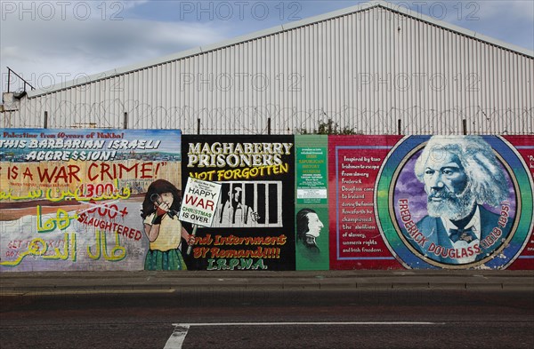 IRELAND, North, Belfast, "West, Falls Road, Political murals painted on walls of the Lower Falls Road area with anti Israeli agression message."