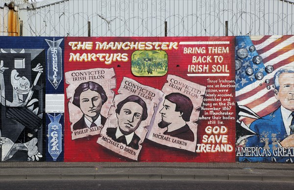 IRELAND, North, Belfast, "West, Falls Road, Political murals painted on walls of the Lower Falls Road area remembering the Manchester Martyrs of 1867."