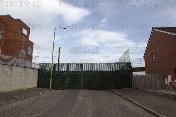 IRELAND, North, Belfast, "West, Falls Road, Peace Line barrier between the Catholic Lower Falls and Protestant Shankill areas. Stephen Rafferty"