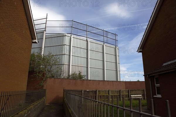 IRELAND, North, Belfast, "West, Falls Road, Peace Line barrier between the Catholic Lower Falls and Protestant Shankill areas."