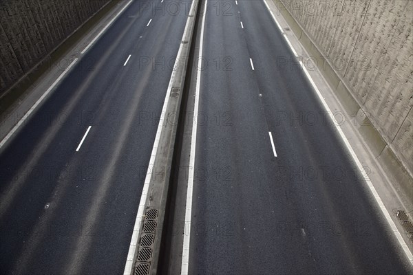 TRANSPORT, Road, Cars, View over empty carriageways on the Westlink underpass in Belfast.