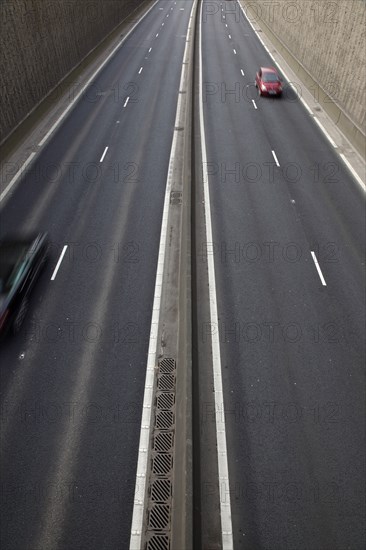 TRANSPORT, Road, Cars, View over empty carriageways on the Westlink underpass in Belfast.