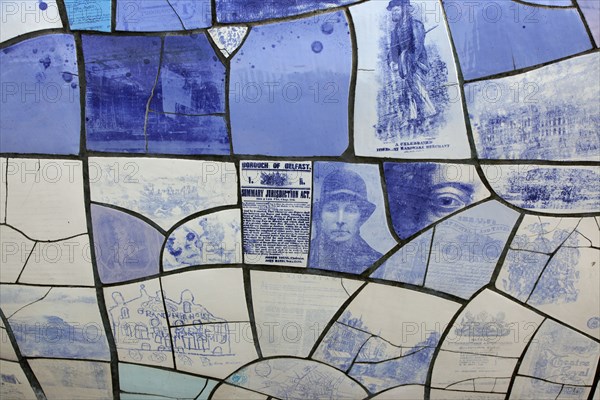 IRELAND, North, Belfast, "Donegall Quay, The Big Fish Sculpture by John Kindness. The scales of the fish are pieces of printed blue tiles with details of Belfasts history. The 10 metre long structure is situated beside the Lagan Weir opposite the old Custom House."