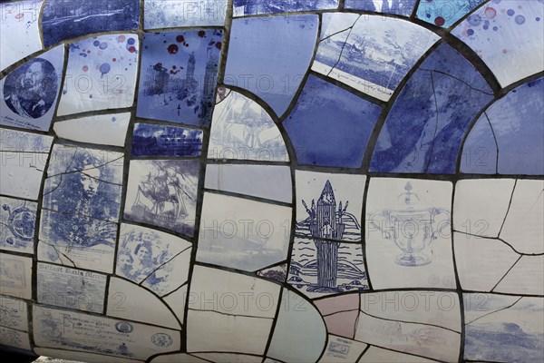 IRELAND, North, Belfast, "Donegall Quay, The Big Fish Sculpture by John Kindness. The scales of the fish are pieces of printed blue tiles with details of Belfasts history. The 10 metre long structure is situated beside the Lagan Weir opposite the old Custom House."