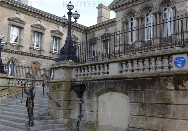 IRELAND, North, Belfast, "Custom House Square, Bronze statue of The Speaker on the steps. The site was originally used as a Speakers Corner."