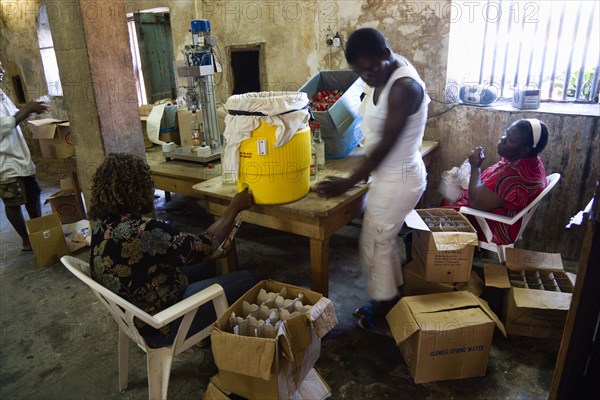 WEST INDIES, Grenada, St Patrick, Female workers hand bottling the rum at the River Antoine distillery.