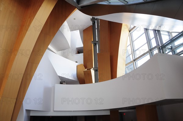 USA, California, Los Angeles, "Interior lobby area of the Walt Disney Theater, designed by Frank Gehry."