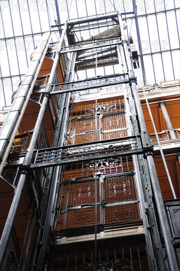 USA, California, Los Angeles, "Interior of Bradbury Building, used as a set for the Blade Runner movie. Cast iron elevator."