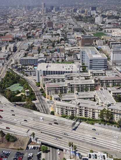 USA, California, Los Angeles, Freeway & views across west LA . Smog