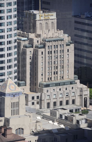 USA, California, Los Angeles, "Central Library amongst the skyscrapers, Downtown view from Sth Figueroa St"