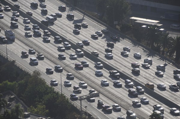 USA, California, Los Angeles, Harbour Freeway from above showing smog