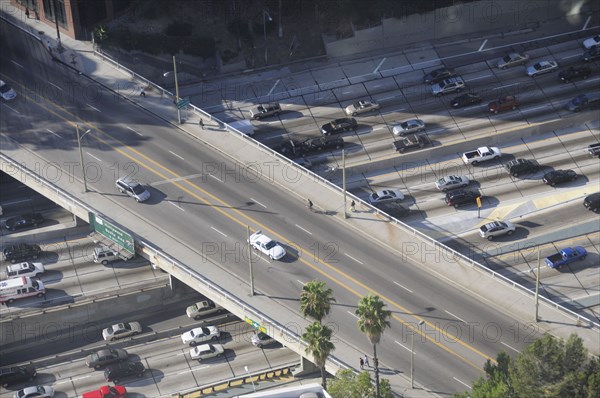 USA, California, Los Angeles, Harbour Freeway from above showing smog