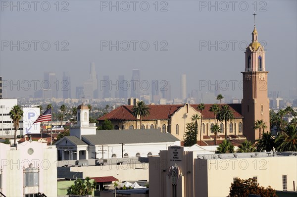 USA, California, Los Angeles, "View to Downtown from Hollywood & Highland complex, Hollywood. Smog"