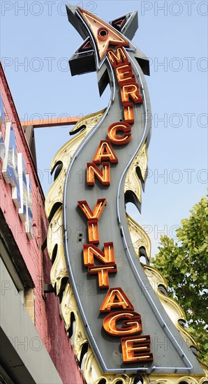 USA, California, Los Angeles, "American Vintage shop sign, Melrose Avenue"