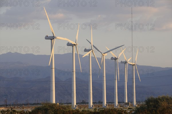 USA, California, Palm Springs, "Windmills, San Gorgonio Pass, Palm Springs. Wind turbine electricity generators."