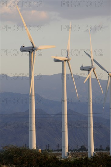 USA, California, Palm Springs, "Windmills, San Gorgonio Pass, Palm Springs. Wind turbine electricity generators."