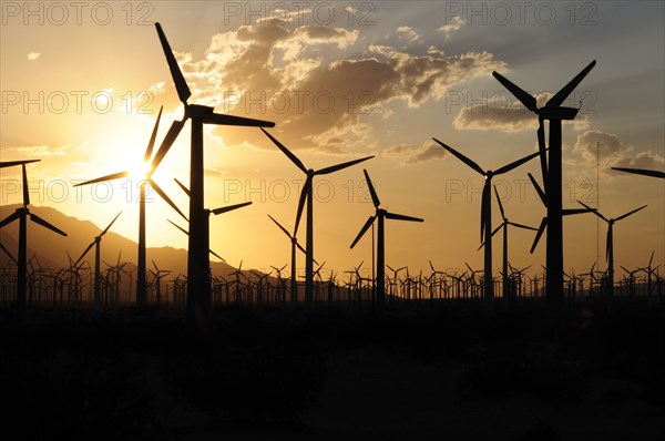 USA, California, Palm Springs, "Windmills, San Gorgonio Pass, Palm Springs. Wind turbine electricity generators."