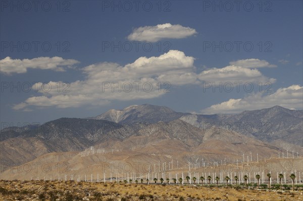 USA, California, Palm Springs, "Windmills & mountains of Morongo Valley, San Gorgonio Pass, Palm Springs. Wind turbine electricty generators."