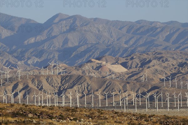 USA, California, Palm Springs, "Windmills & mountains of Morongo Valley, San Gorgonio Pass, Palm Springs. Wind turbine electricty generators."