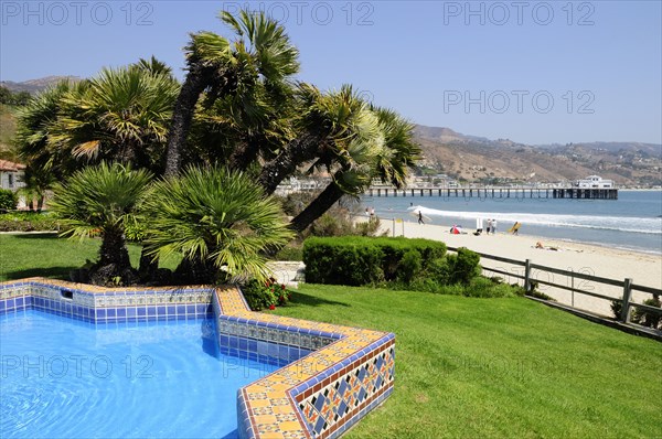USA, California, Los Angeles, "Garden & pool with view onto Surfrider Beach, Adamson House, Malibu"