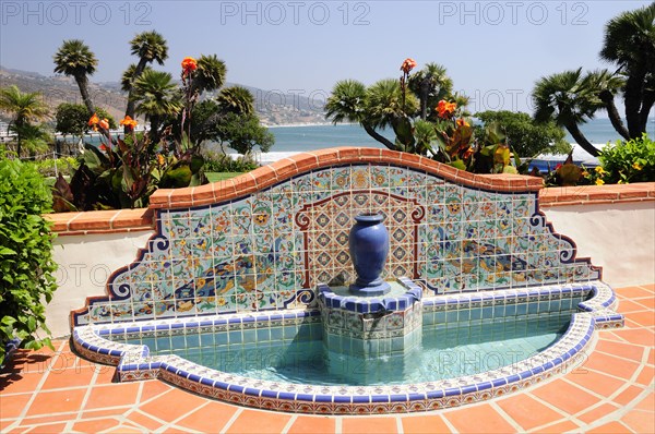 USA, California, Los Angeles, "Fountain with views along Malibu coast, Adamson House, Malibu"