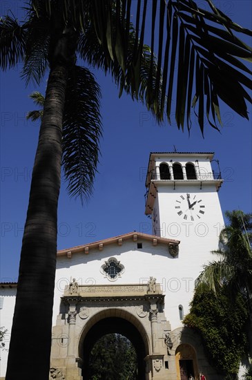 USA, California, Santa Barbara, "County Courthouse with palm, Santa Barbara"