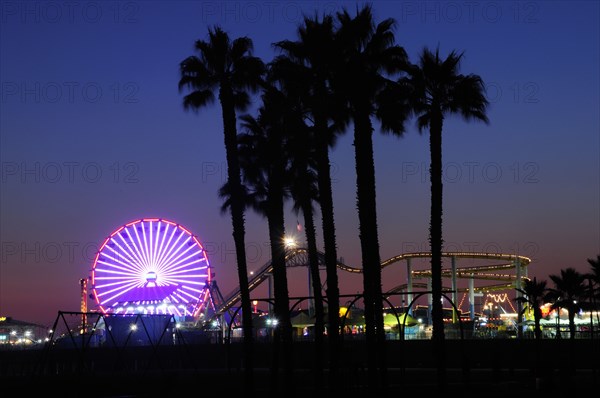 USA, California, Los Angeles, Santa Monica Pier & beach at night