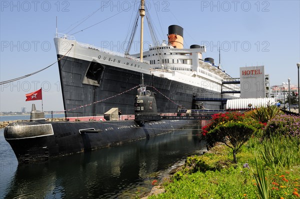 USA, California, Los Angeles, "Scorpion Russian submarine & Queen Mary ship, Queens Bay, Long Beach"