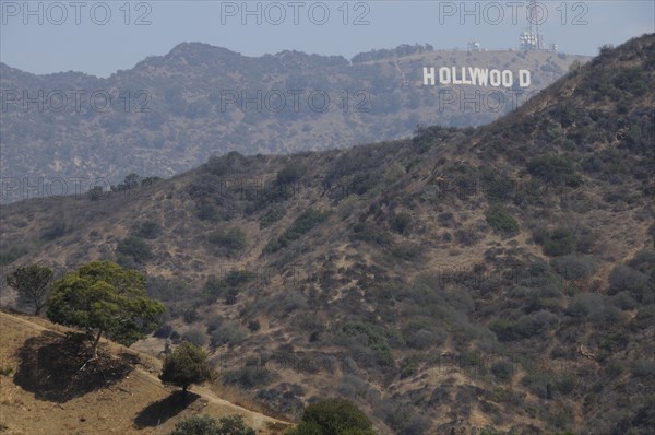 USA, California, Los Angeles, View of Hollywood sign from Hollywood Bowl. Smog visible.