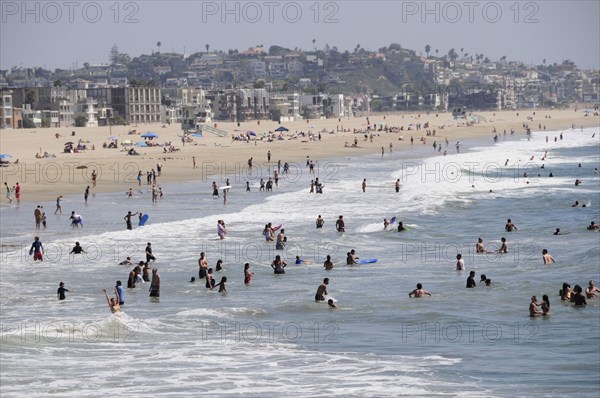 USA, California, Los Angeles, "Surf & beach scene from Venice pier, Venice Beach"