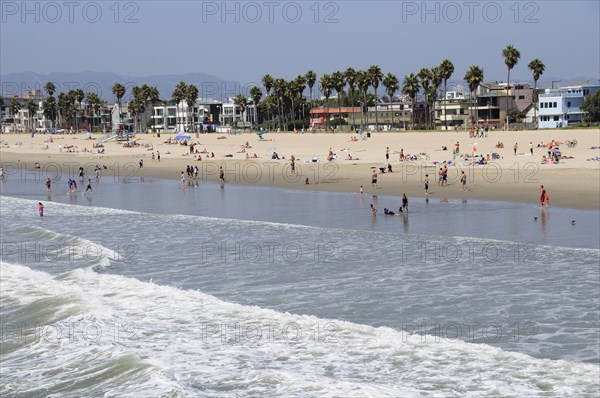 USA, California, Los Angeles, "Surf & beach scene from Venice pier, Venice Beach"