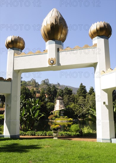 USA, California, Los Angeles, "Golden Lotus Archway, Self Realization Lake Shrine, Pacific Palisades"